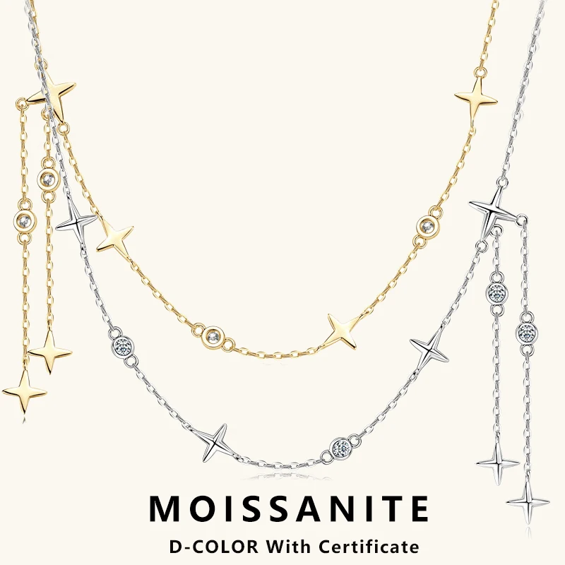 Lnngy Certified D0.24CT Moissanite Necklace 925 Sterling Silver Star Tassel Pendant Necklaces For Girls Music Festival Jewelry