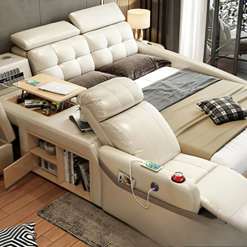 

Light Luxury Multifunctional Double Leather Bed Bluetooth Speaker Master Bedroom Queen Bed Massage Storage