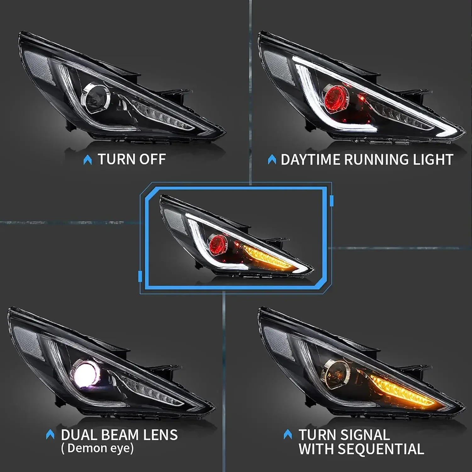 Faros delanteros LED para proyector compatibles con Hyundai Sonata 2011-2014 (no aptos para híbridos y modelos sin nivelación automática) con ámbar