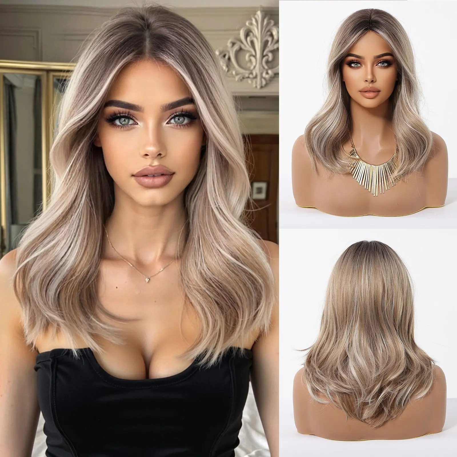 Blonde Brown Highlights Wigs Medium Length Natural Wavy Wig Middle Part Synthetic Hair Heat Resistant For Women Daily Cosplay