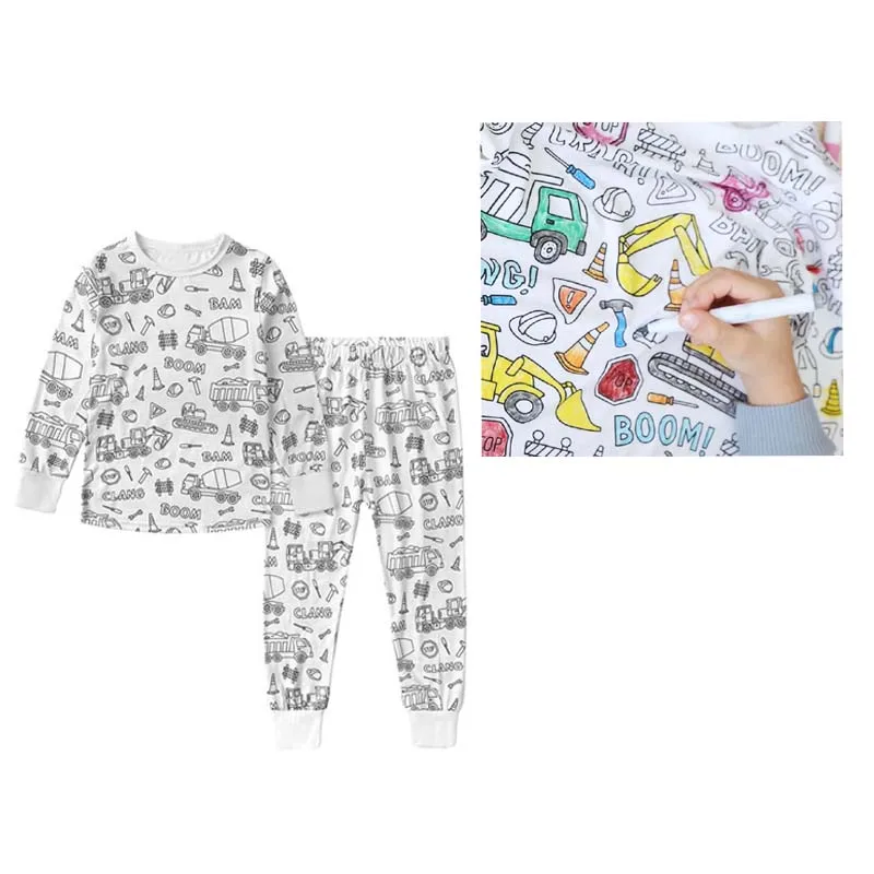 

Kid Boys Girls Pajamas DIY Clothes Homewear Sets Hand Painted Colourable Long Sleeve Top and Trousers Children Clothes Sleepwear