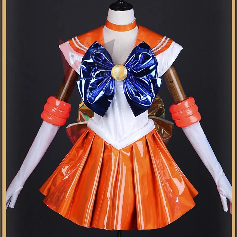 New Anime Aino Minako Sailor Venus Cosplay Costume Leather Skirt Jumpsuit Gloves Necklace Set Custom Made