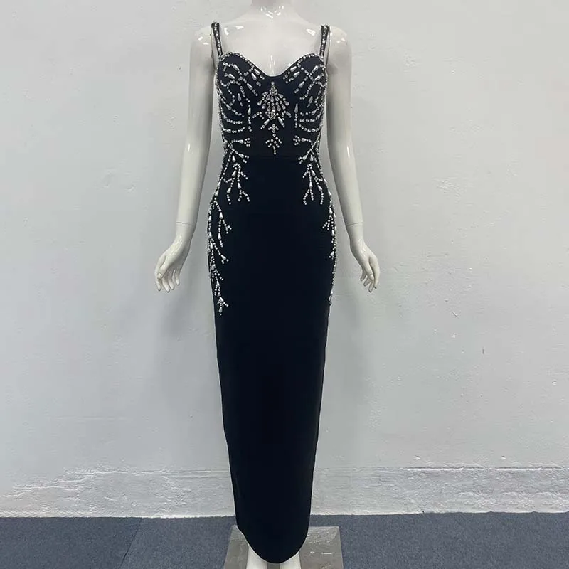 Vestido de noche Bandage de fiesta de cóctel de celebridades sexy a la moda con cuentas elegantes negras de alta calidad para mujer