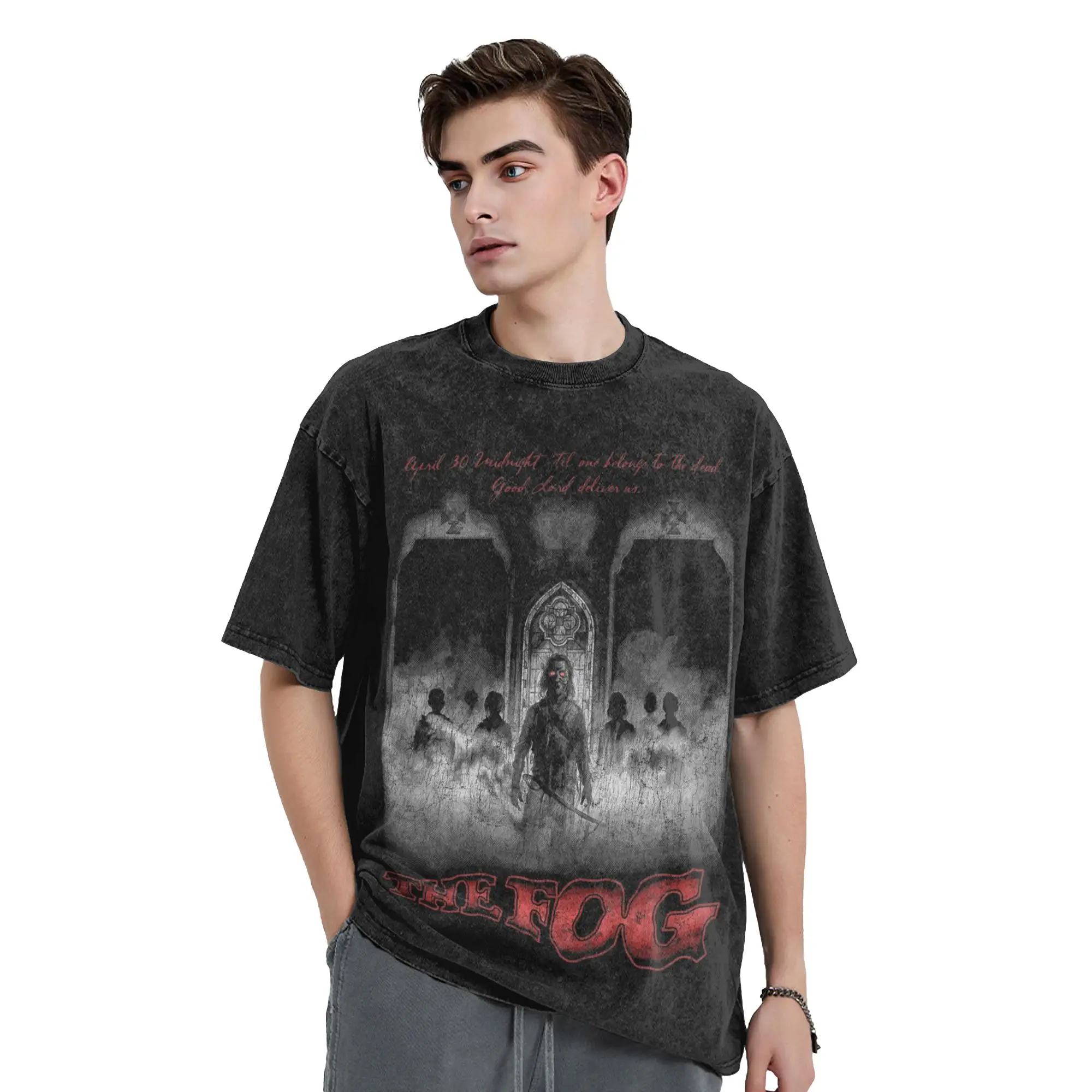 Washed T Shirts The Fog John Carpenter 1980 Distressed Hip Hop Vintage T-Shirt Street Streetwear 100% Cotton Tee Shirt Men Women