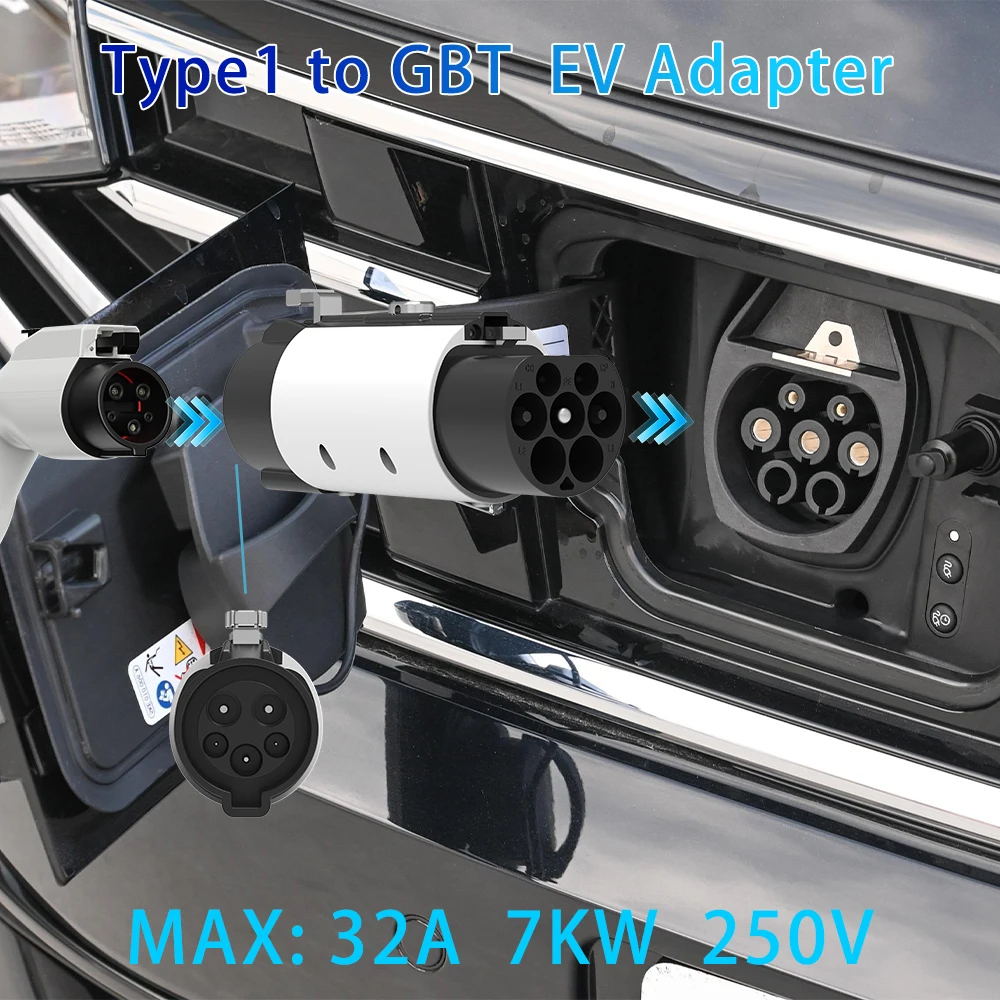 Adaptador Unirise Type1 a GBT 7KW 32A con convertidor de hebilla de bloqueo de seguridad para estación de carga Type1 a GB/T para adaptador de coche BYD
