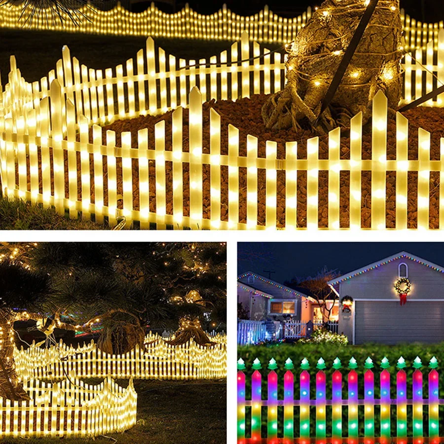 8 Pack Lighted Garden Fence Light 8 Modes White Picket Fence Lamps Christmas Tree Fence Lights Plug in for Landscape Patio Decor