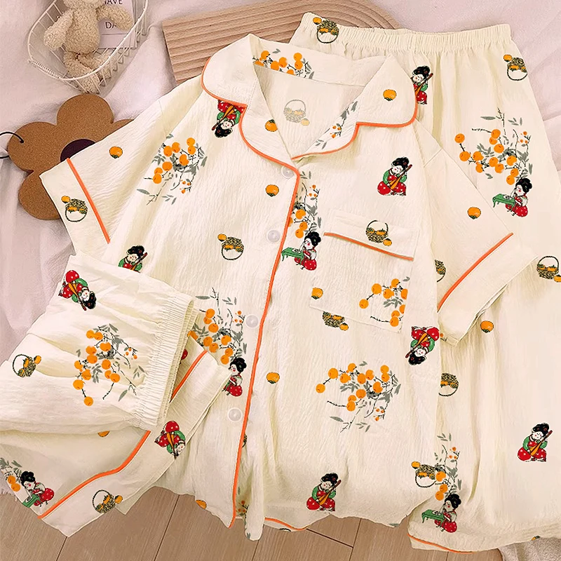

Chinese Style Print Vintage Pajamas for Women Cute Casual New Summer Fashion 3 Piece Set Women's Pajamas Short Cool Sleepwear