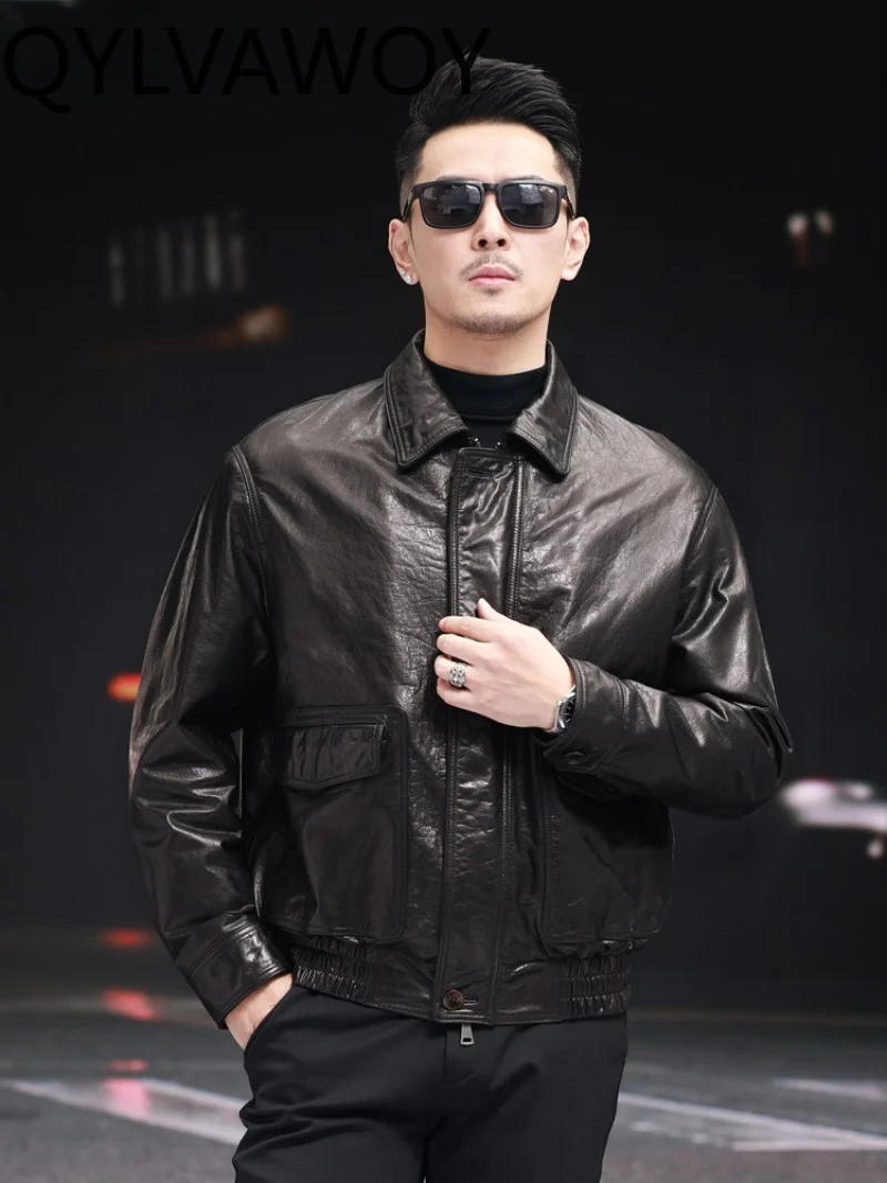 QYLVAWOY 100%Top Layer Cowhide Genuine Leather Jacket Men Autumn Winter Real Cow Leather Coat High Quality Puffer Coats jaquetas