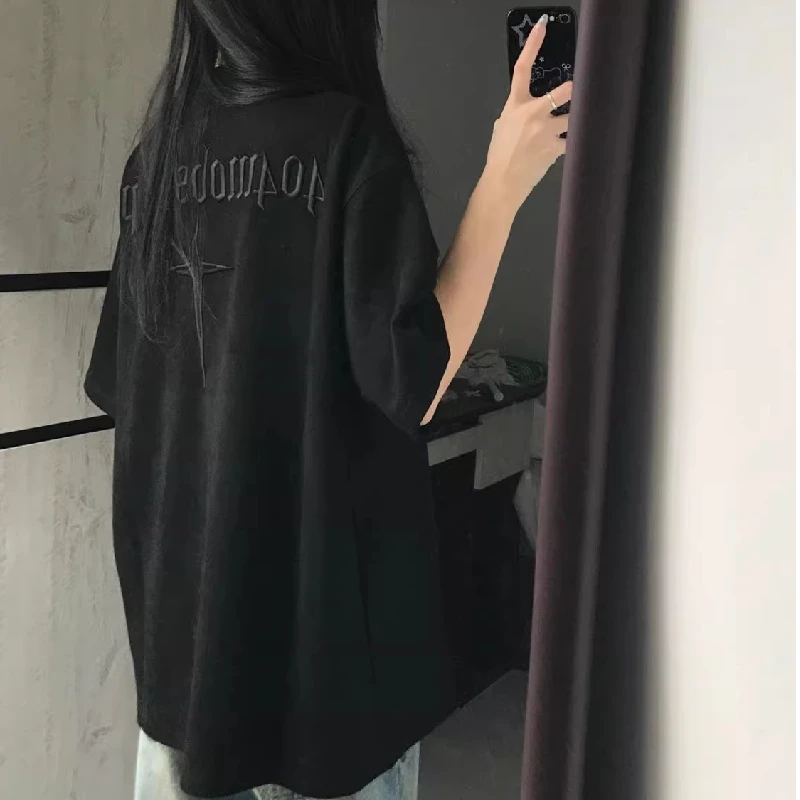 Summer Design Sensation American Retro Black Suede Letter Embroidery Short Sleeve T-Shirt Women's Loose Fit Sweet Style Top