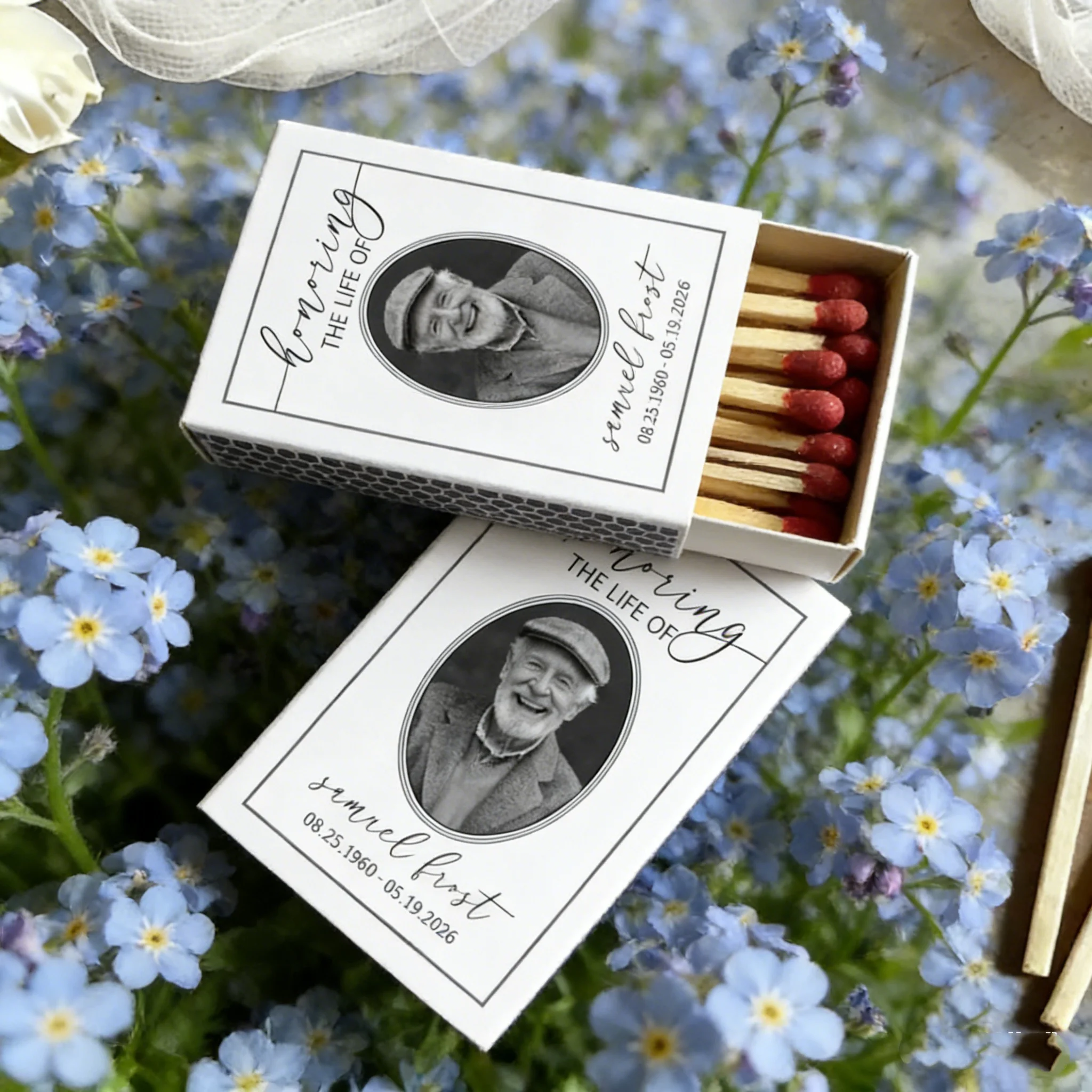 

Personalized Memorial Matchbox for Funeral, Honoring the Life Keepsake, Custom Sympathy & Celebration of Life Favors