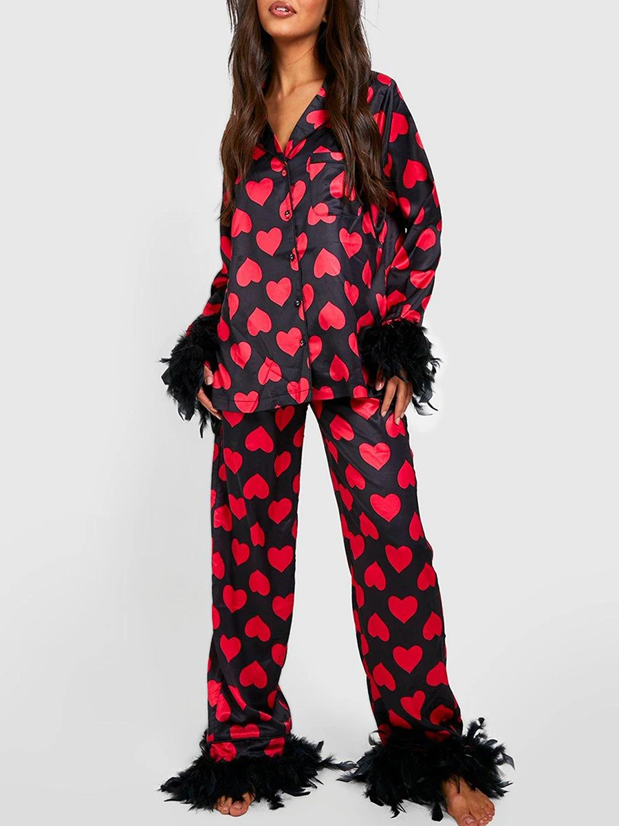 New Womens 2 Piece Pajama Set Feather Trim Long Sleeve Button Up Heart Shirt + Pants Set Sleepwear Valentines Day Hot Sale S-XL