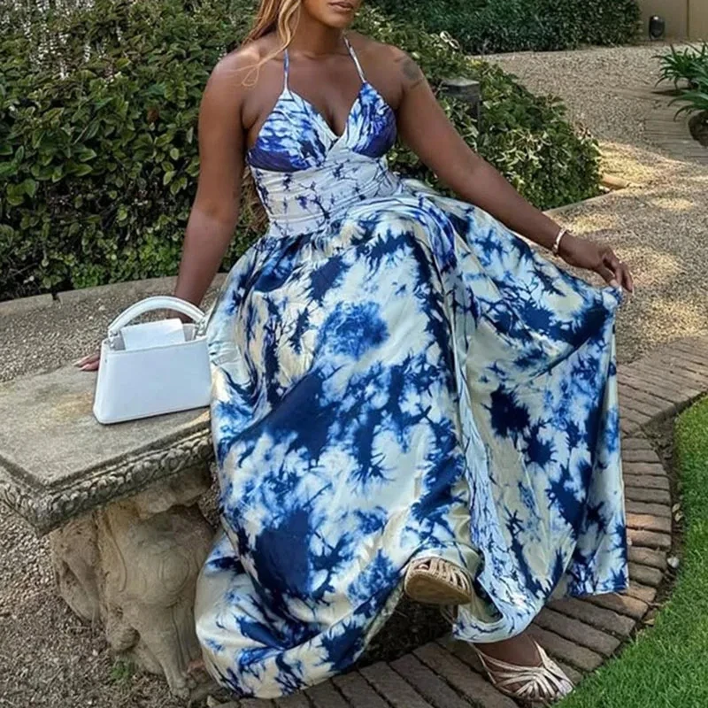 

Temperament V-neck Sleeveless Halter Evening Dress Elegant Gradient Printed Women's Banquet Dress Summer Hollow Out Pleat Dress