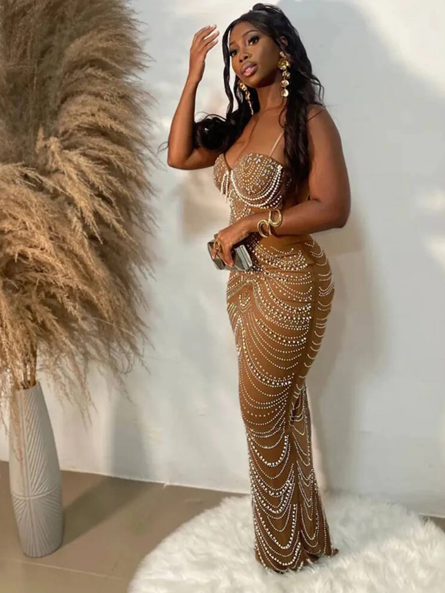 

Sparkling Rhinestone Mesh Patchwork Dress – Slim Fit Spaghetti Strap Jazz Dance Stage for Women Evening Sexy Dress