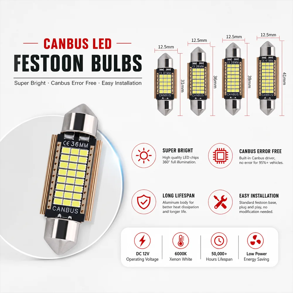 2/10Pcs CANBUS Error Free C5W C10W LED Festoon Bulbs, Energy Saving Car Interior Dome Light, Multi Size Reading Lamp for Vehicle