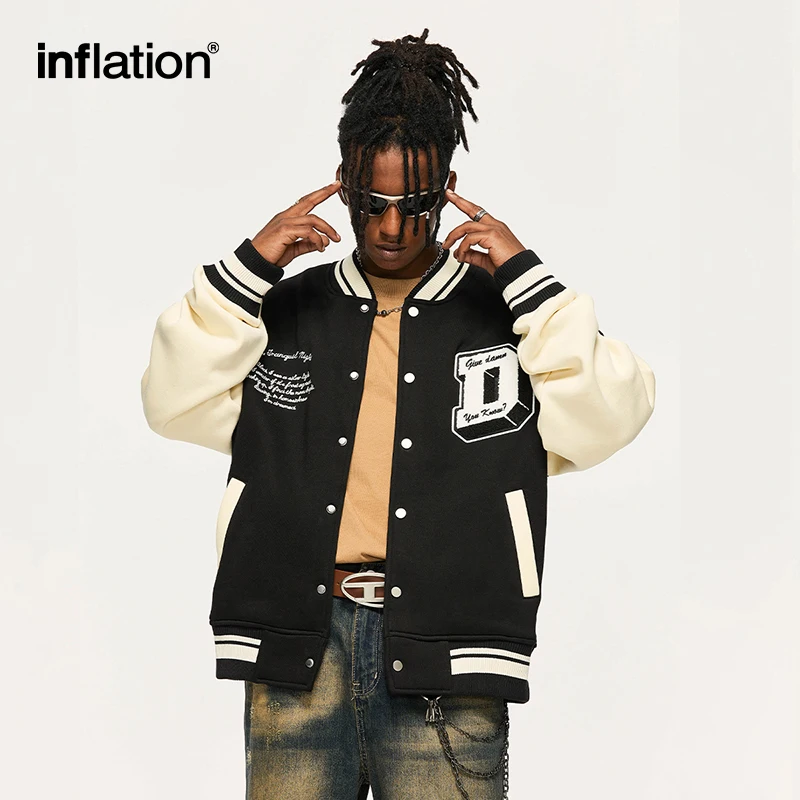 

INFLATION Streetwear Varsity Jacket Unisex Patchwork Embroidered Oversized Baseball Jacket Men Thick Fleece Uniform Jacket