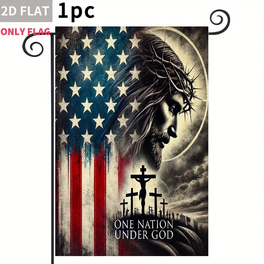 

2D FLAT 1pc Double-Sided garden flag American Flag Jesus Christ Crosses Nation Under God 28x40 Inch Polyester fabric, Perfect fo