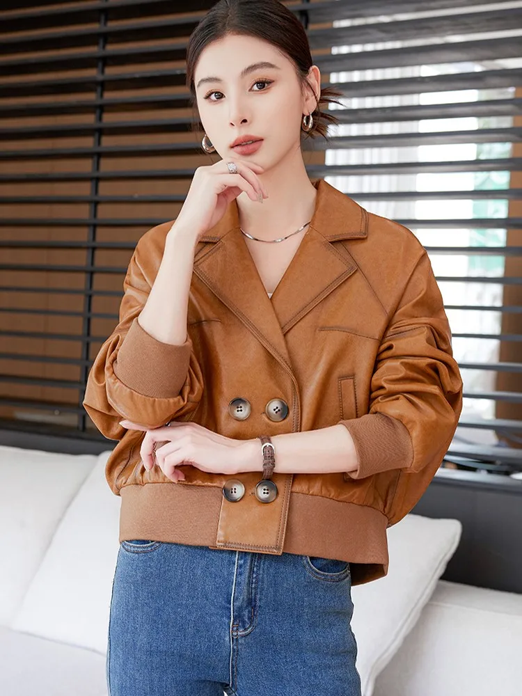 المرأة خمر سترة جلدية حقيقية فضفاضة تناسب مزدوجة الصدر ترتيب الأسرة طوق الشارع الشهير جلد الغنم الحقيقي دراجة نارية معطف قصير #4