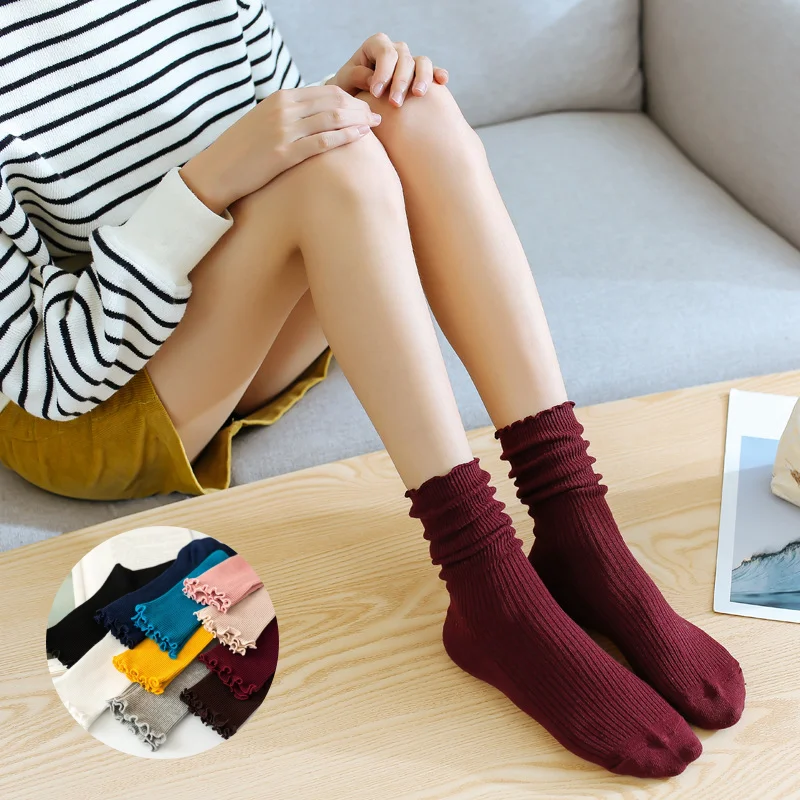 Women's Cotton Stackable Socks Mid Calf Solid Color Ruffle Trim Vintage Style All Season Casual Socks EU 35-40 (1 3 5 Pairs)