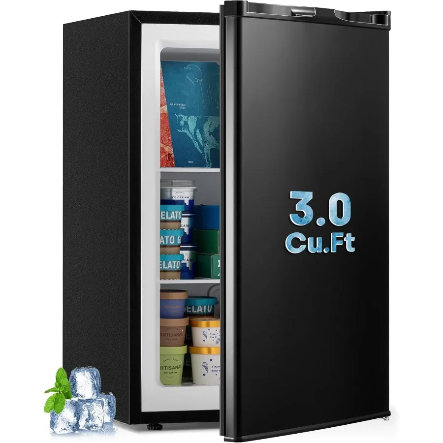 

3.0 Cu.Ft Upright Freezer Small Mini Freezer with Adjustable Thermostat and Removable Shelves Compact Design Featuring Reversib