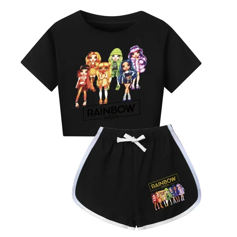 New Rainbow High girls set summer costumes suit new fashion kids cartoon pattern outfits children casual clothes tracksuit