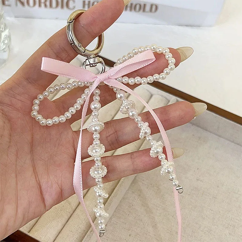 New Korean Sweet Pearl Bow Heart Keychain Y2K Ins Aesthetic Bag Pendant Cute Girl Handbag Charms Fashion Accessories Gift