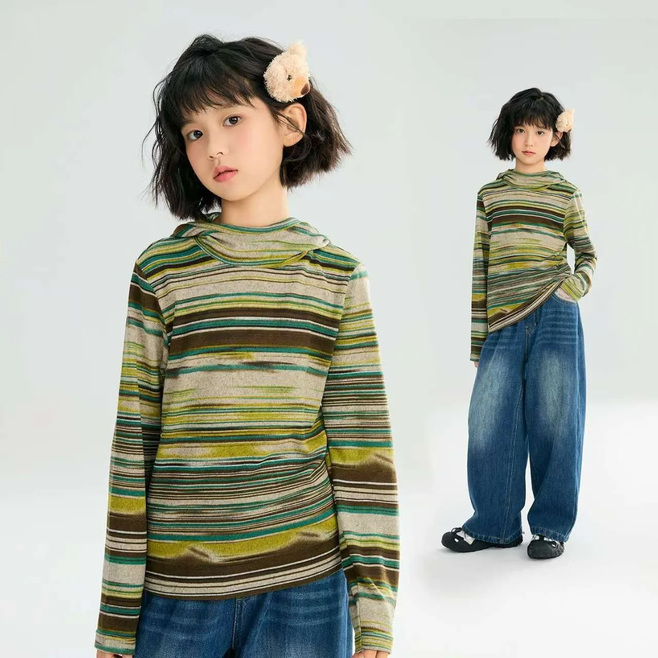 

Girls' Long Sleeved T-shirt For Autumn And Winter Children's Trendy Korean Style Girls' Striped Hooded Base Shirt Trend