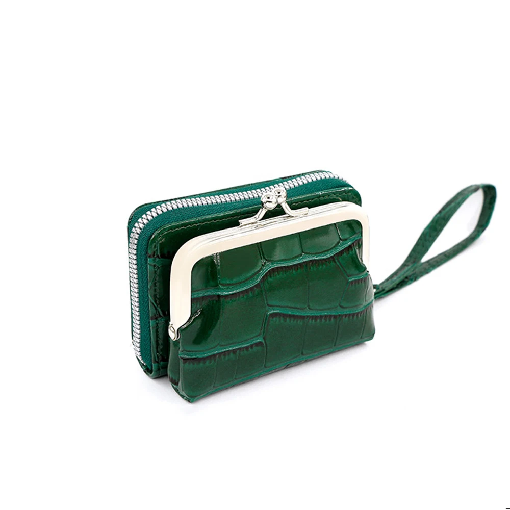 

Elegant Kiss Lock Wallet Crocodile Texture PU Leather Woman Coin Purse Lipstick Pouch Korean Style Stone Pattern Card Holder