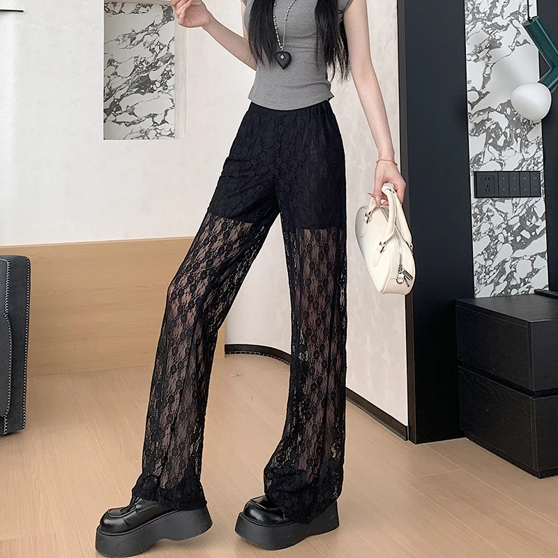 Romantic Vintage Lace Underwear High Waist Wide Leg Pants Anti Exposure Casual Straight Leg Trousers for Women