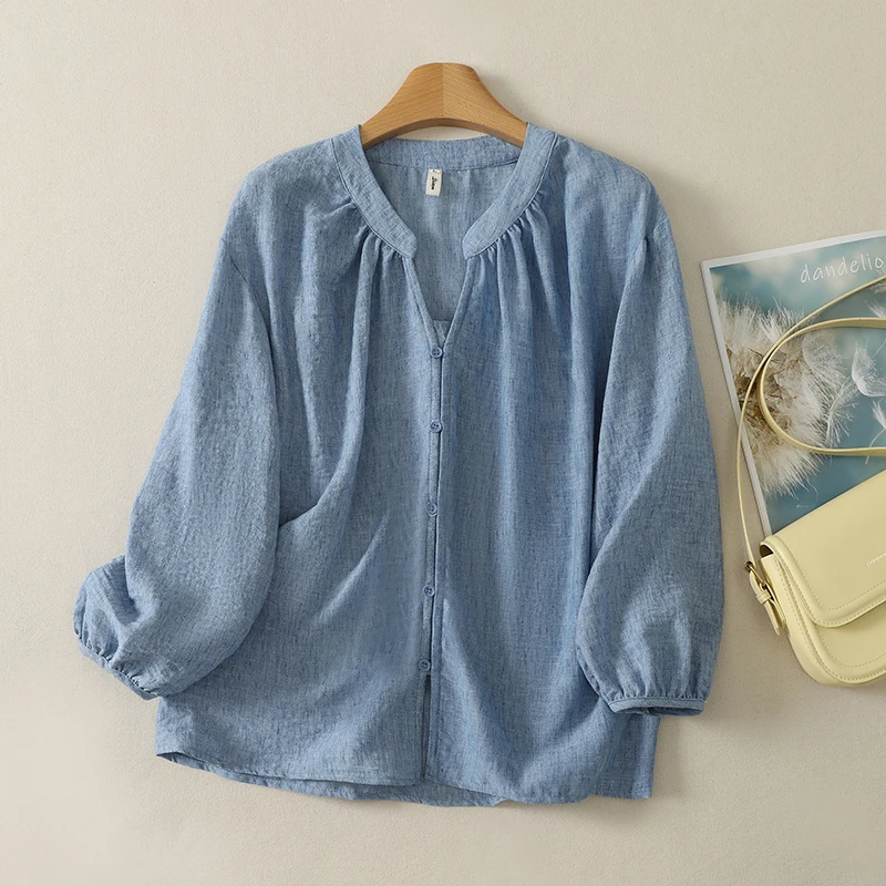 Retro Japanese Style Loose Long Sleeve Blue V-Neck Shirt Women's Sun Protection Outerwear Shirt Lazy Style Cover-Up Top