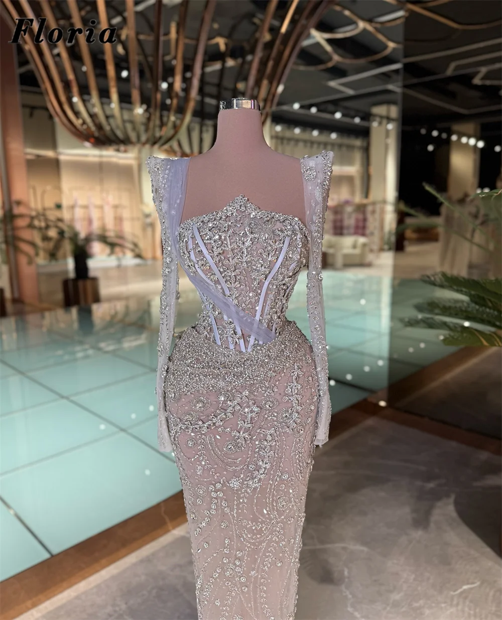 

Silver Beaded Evening Dresses Arabic Long Sleeves Birthday Party Second Reception Gowns Robes De Soiree Prom Gowns Customized