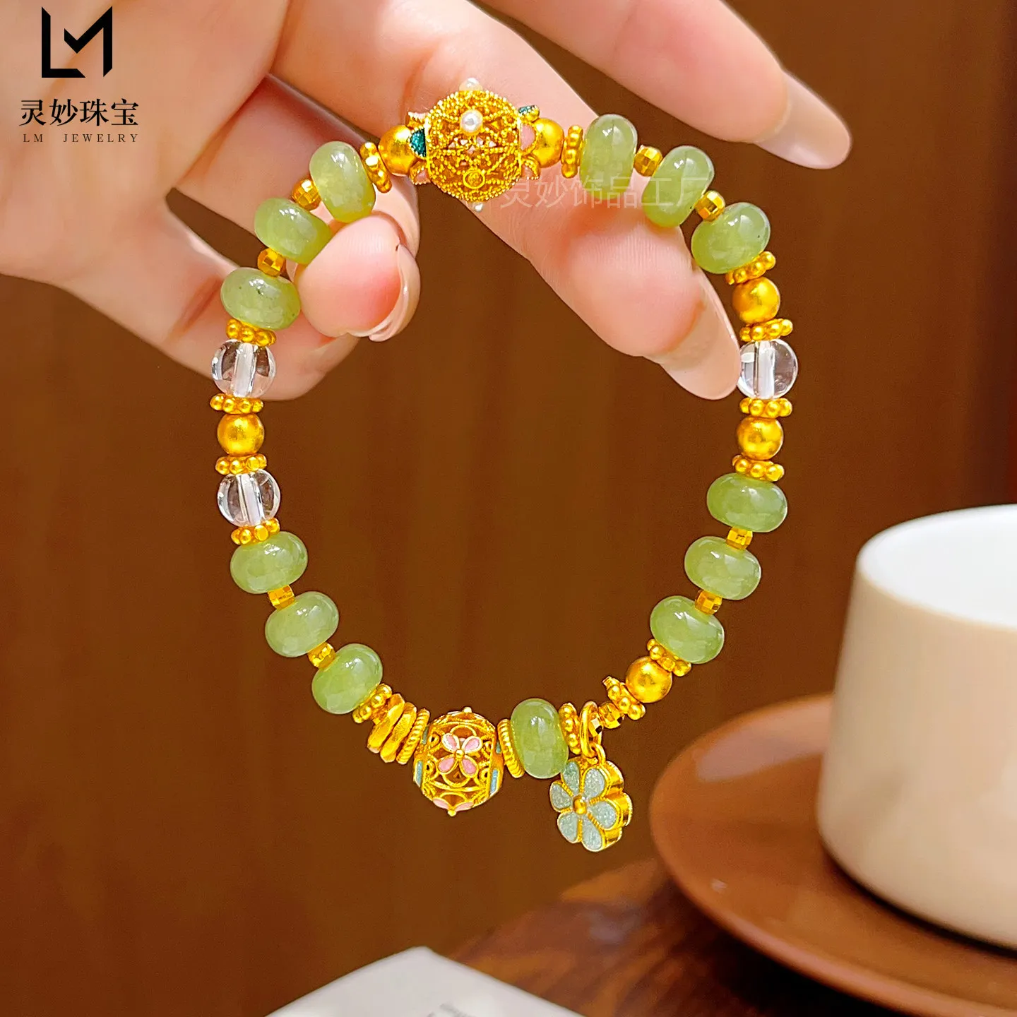 Luxury 9999 24K Solid gold certifid ancient enamel green chalcedony plate beads small flower bracelet filigree ball bracelet