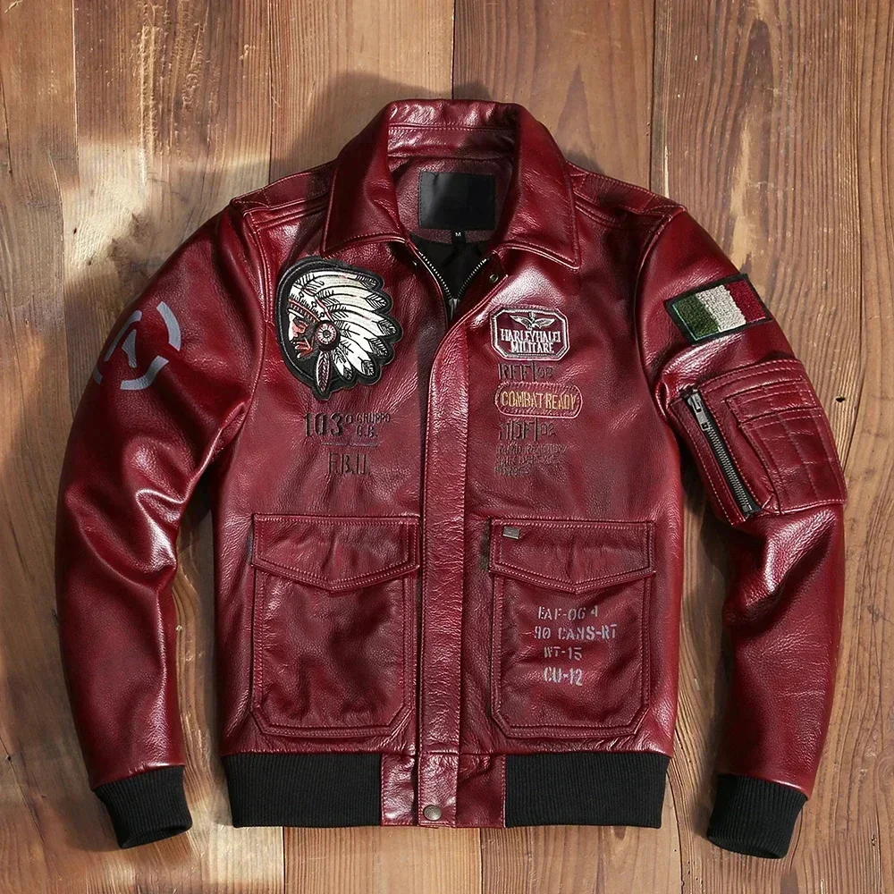 Classic Indian Embroidery Leather Jacket Men Aviation Fight Coat Genuine Cowhide Natural Clothing Motorcycle Asian Size