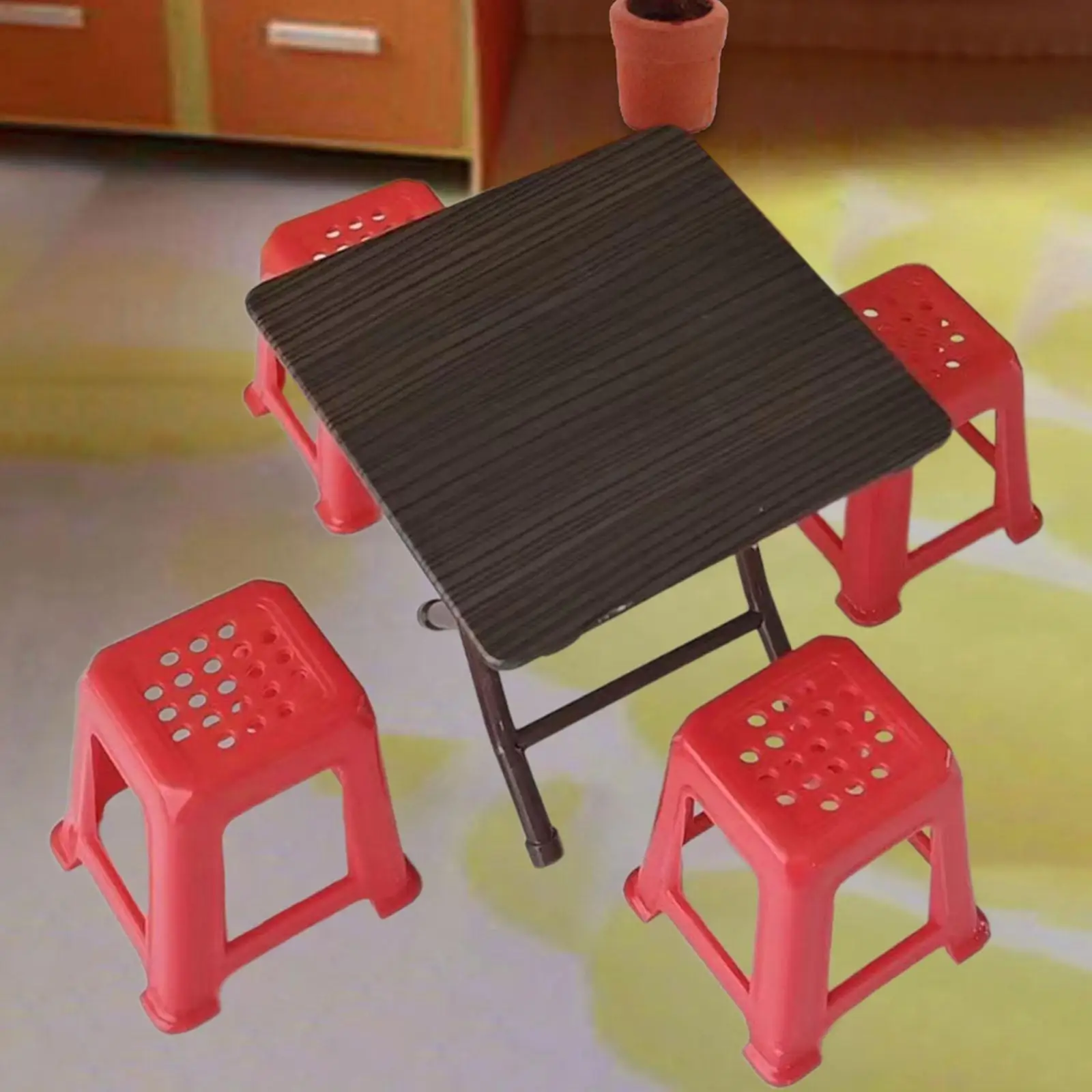 1:12 Mini escritorio Simulación Muebles para casa de muñecas con 4 sillas, Decoración de accesorios para muñecas,