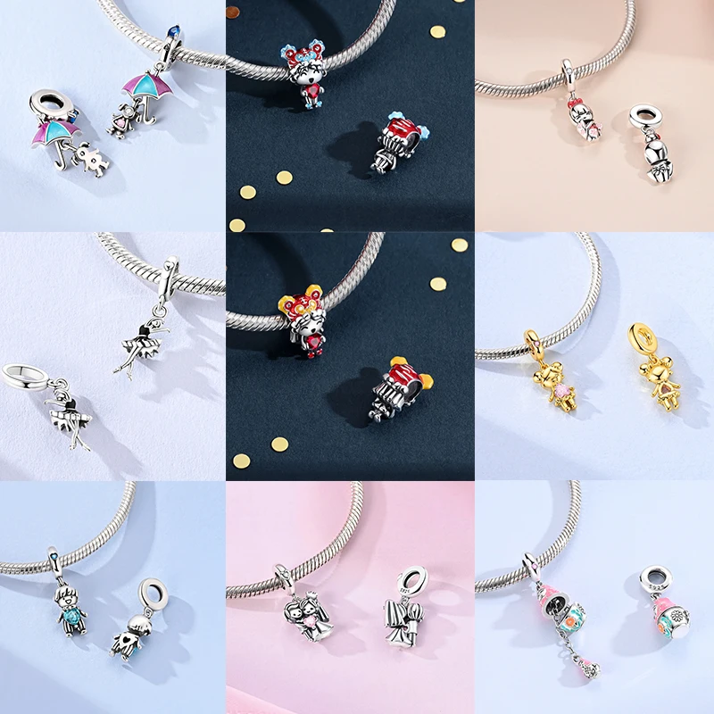 925 Sterling Silber Rosa Ballett-Mädchen Anhänger Junge Mädchen Schwestern Paare Anhänger Passend für Armband DIY Schmuck Original Mode für Frauen – Detail 4