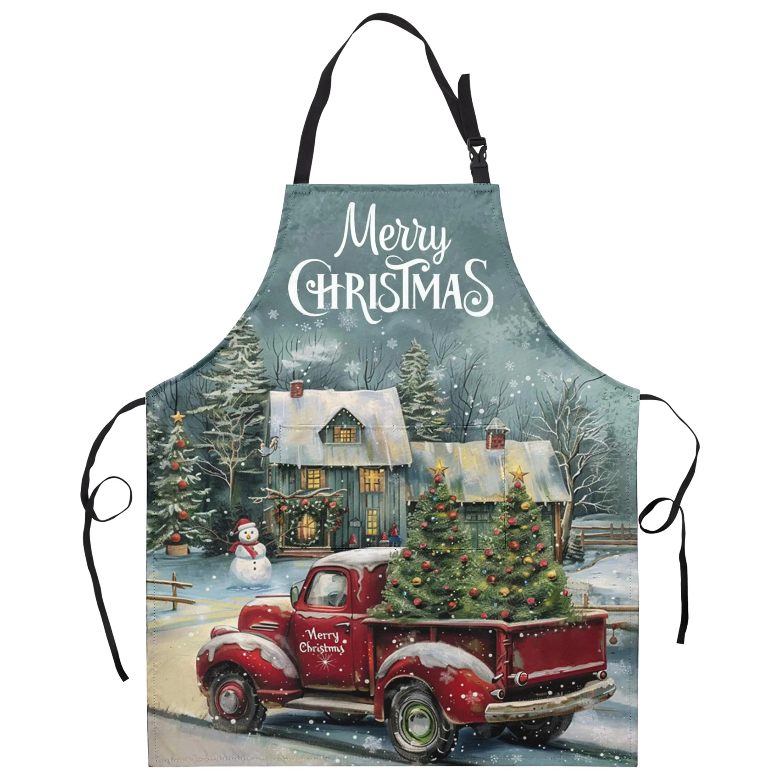 

Merry Christmas Apron Vintage Red Truck with Xmas Tree Kitchen Aprons Winter Cabin Snowman Aprons 