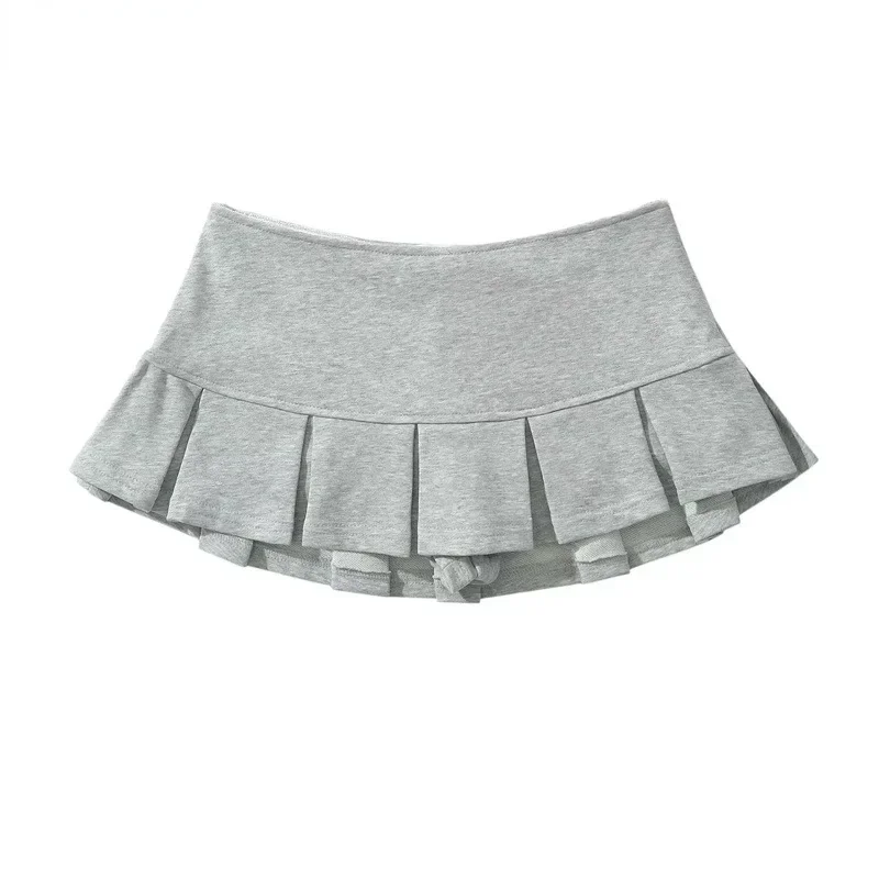 New Women's Terry Fabric Low Waist Y2K Mini Skirt Wide Pleat Decoration Light Grey Flounce A Line Skort Hot Sweet