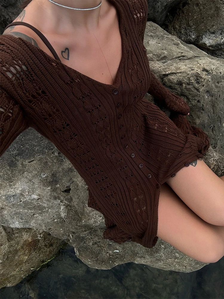 Trendix Deep V Neck Long Cover Up Dress Women Sexy Hollow Elegant Long Cardigan Dresses Autumn Winter Street Casual Knit Dress