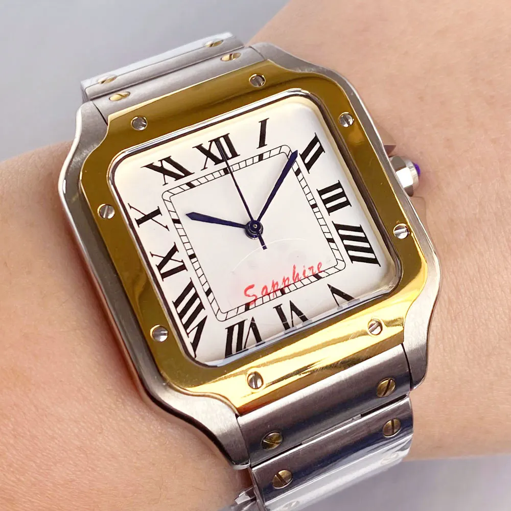 Классические белые квадратные автоматические часы с позолоченным покрытием 38 мм для мужских часов, стерильный римский циферблат, белый циферблат, модный элегантный браслет