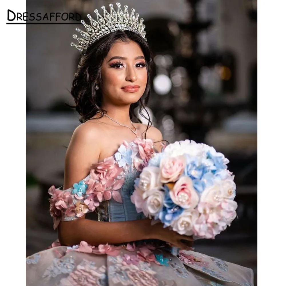 Quinceanera Áo 3D Appliques Chiếu Trúc Hạt Sequin Người Yêu Hoa Handmade Bóng Đồ Bầu Vestidos De 15 Años