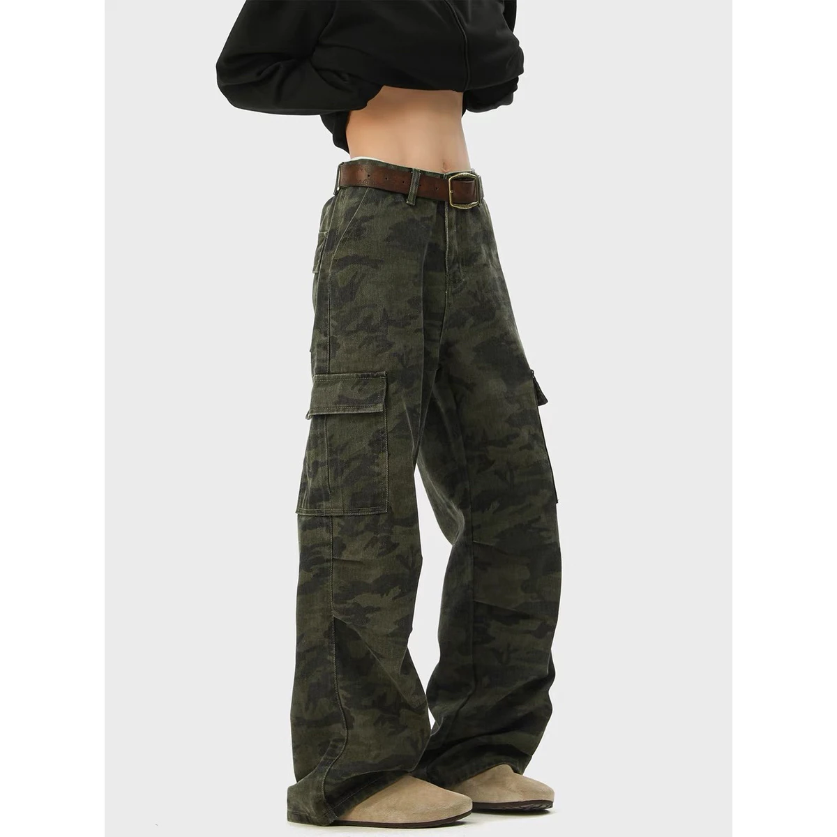 

Американские ретро-джинсы в камуфляжном стиле, свободные широкие брюки унисекс, повседневные спортивные длинные брюки, модные джинсовые штаны