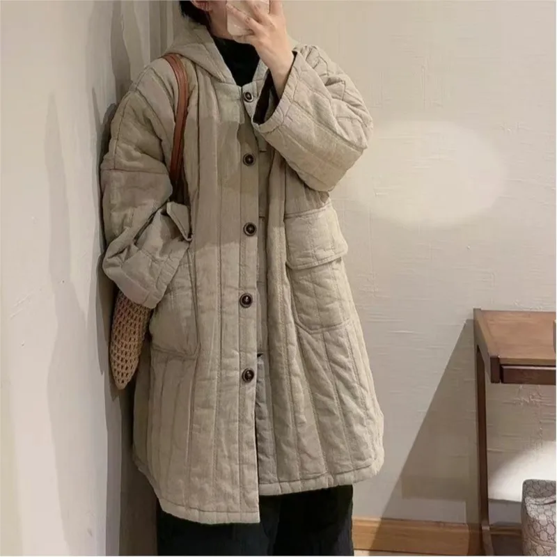 Johnature 2024 Woman Winter New Niche Vintage Loose Hooded Single Breasted Parkas Linen Fashion Long Sleeves Solid Color Parkas