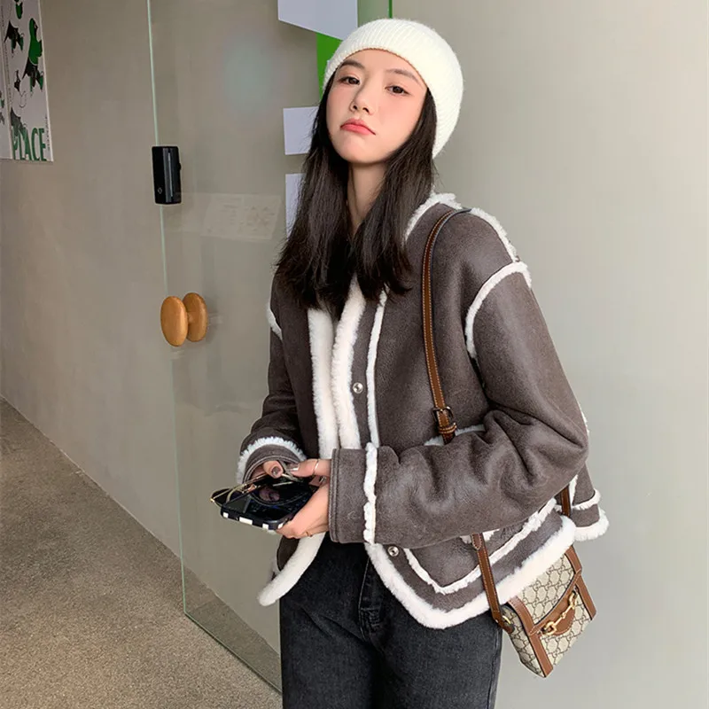 

New 2022 Women Jacket Patchwork PU For Female V Neck Long Sleeve High Waist Loose Colorblock Causal Fashion Clothes Coat