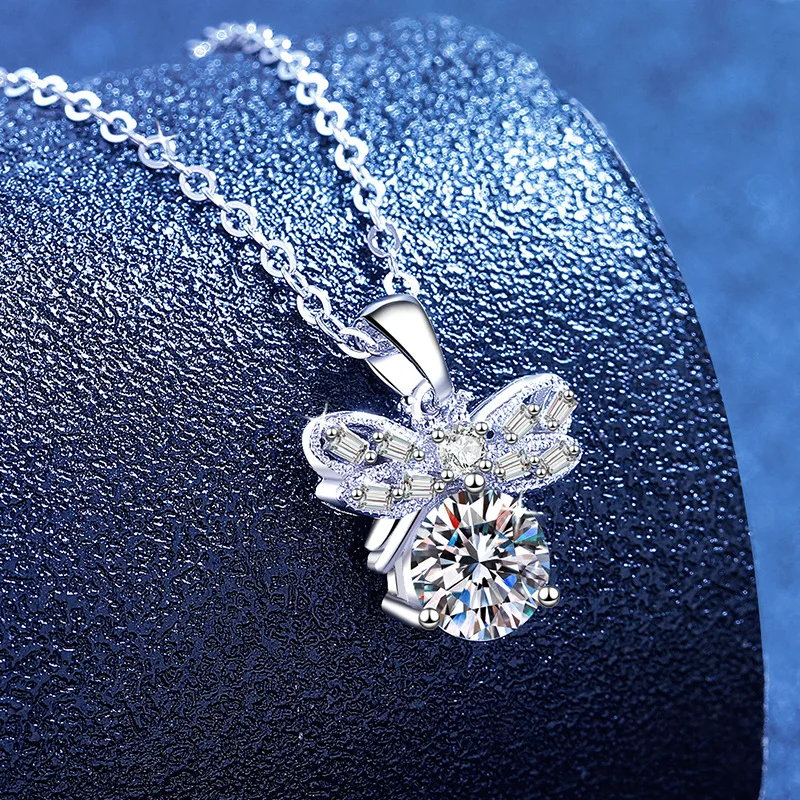 MOVESKI 1CT Round Cut Moissanite Bee Pendant Necklace 925 Sterling Silver, Baguette Pave Insect Dainty Necklace for Women Jewelr view 2