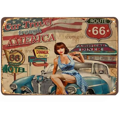 Route 66 Nostalgia Metal Sign Americana Tin Art Diner Pin-Up Retro Decor