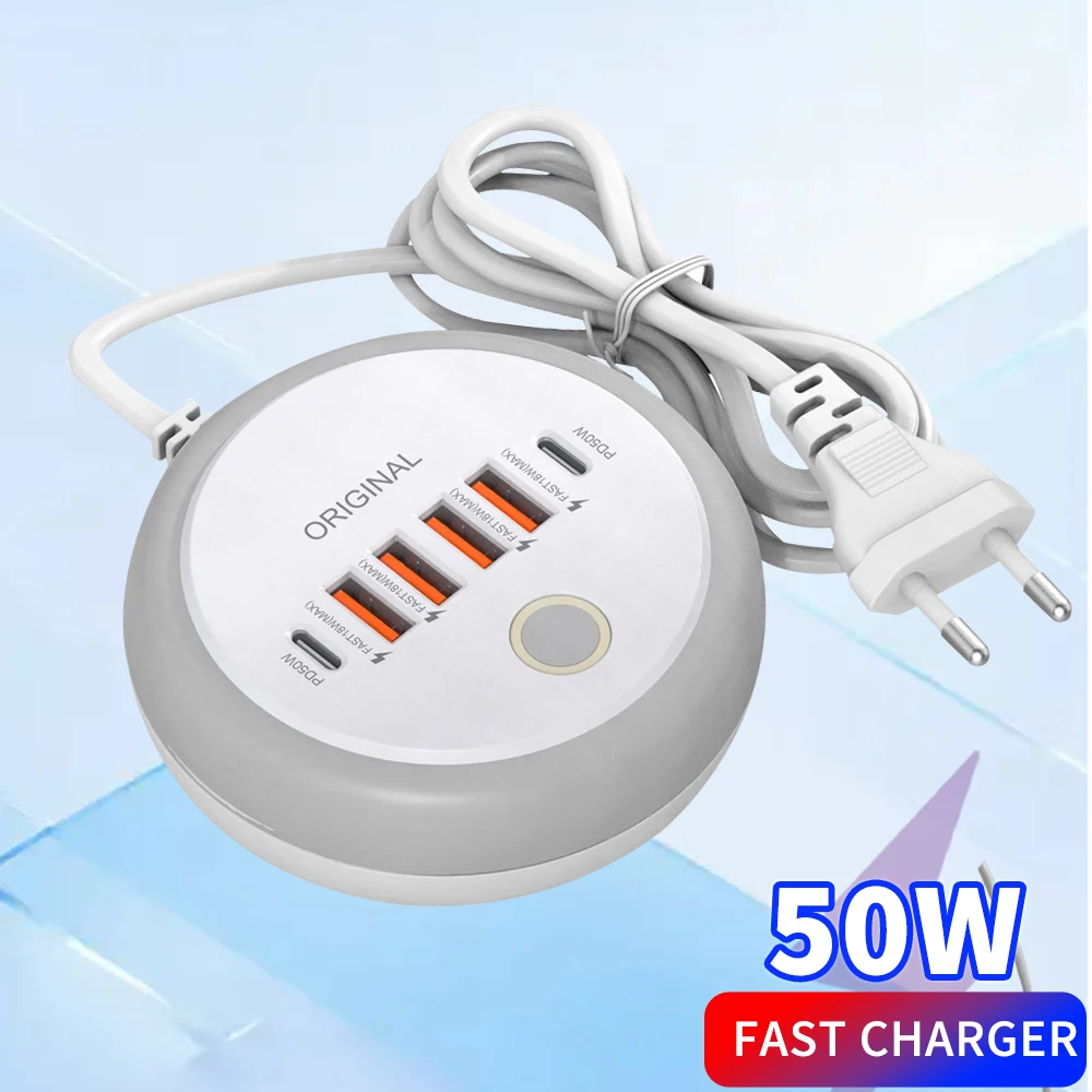 50 واط متعدد المنافذ USB PD شاحن نوع C شحن سريع الجدار شاحن آيفون Xiaomi 6 منفذ USB شاحن الهاتف السريع مع اللمس LED