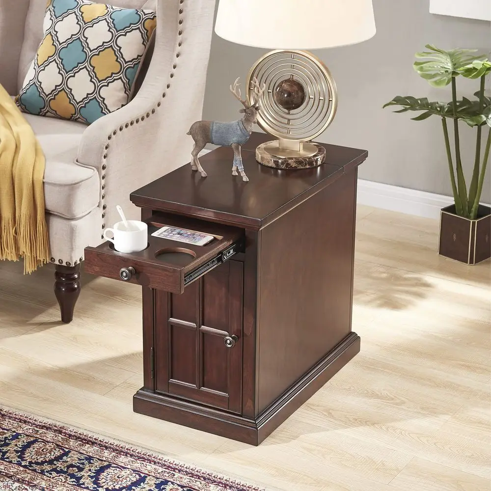 

Chairside End Table with Cup Holders USB Ports amp Outlets Brown Color