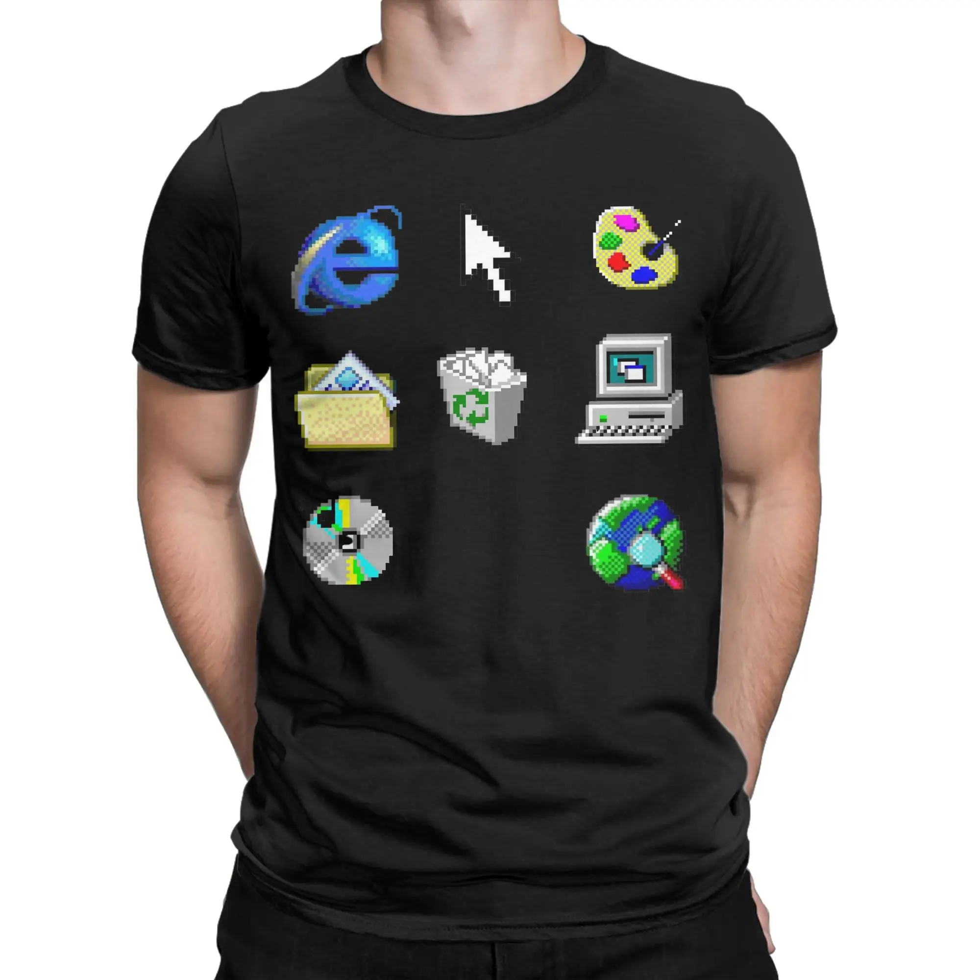 Men T-Shirt Old windows 95 icons Funny Pure Cotton Tees Short Sleeve  T Shirt Crewneck Tops Gift Idea