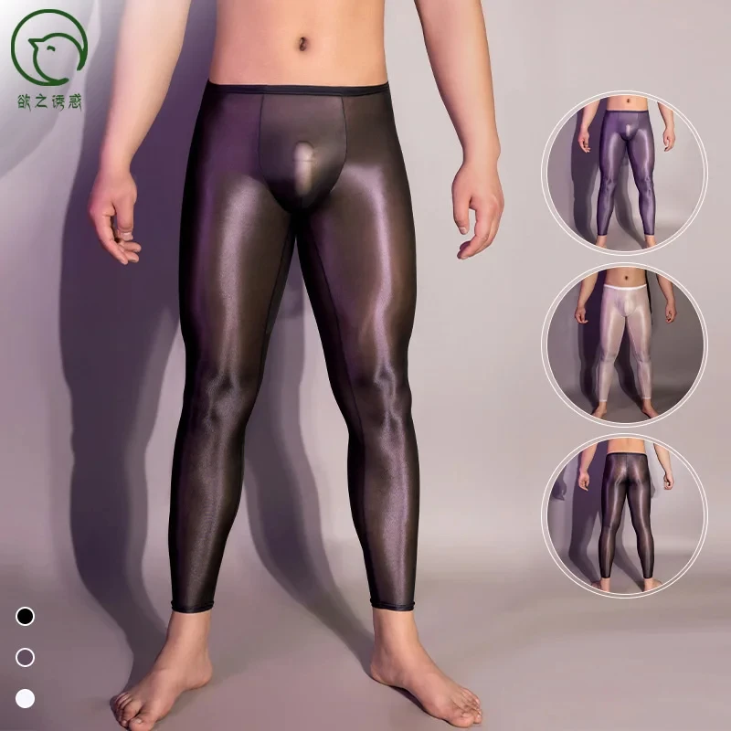 Mallas sexys transparentes para hombre, pantalones largos para dormir, ropa interior ajustada, ultrafina