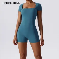 Traje de Yoga corto de una pieza para mujer, ropa deportiva de manga corta para gimnasio, entrenamiento de realce, Fitness