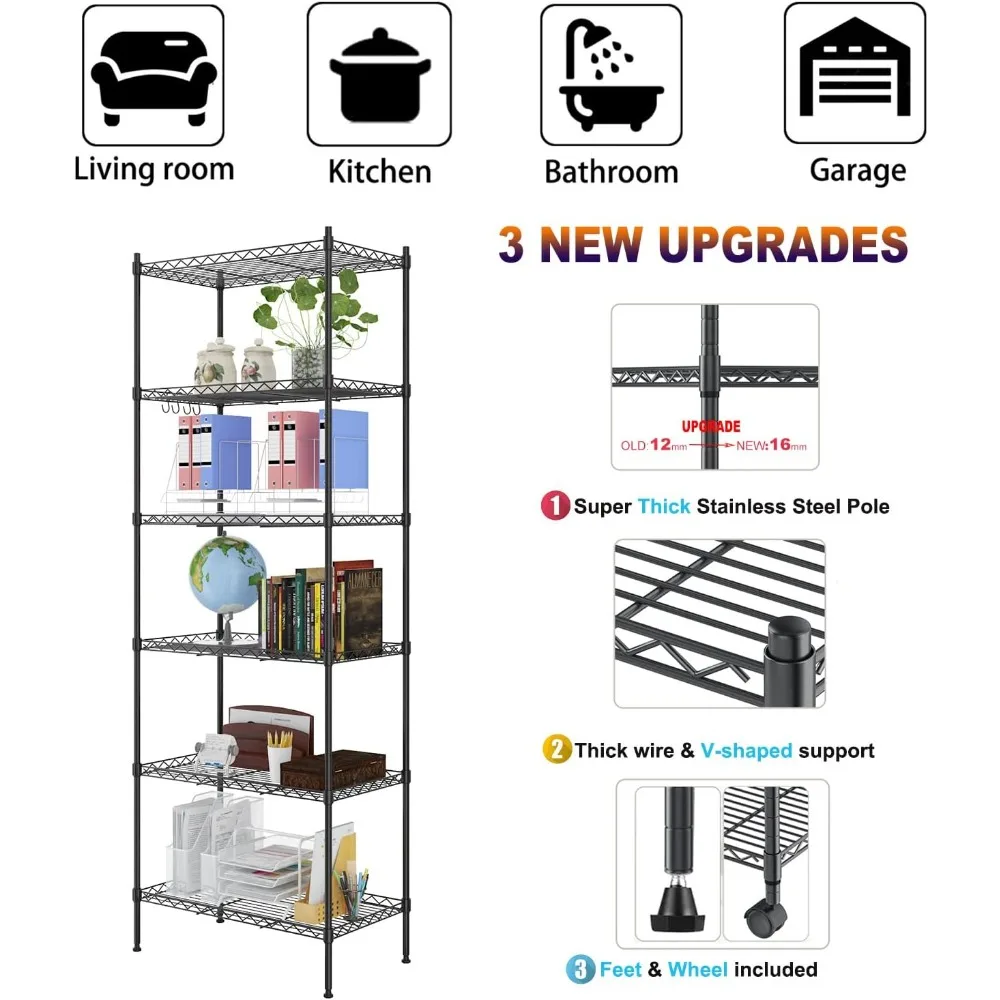 Devo 6-Tier Wire Shelving Unit, Adjustable Metal Shelving for Storage, Heavy Duty Wire Storage Racks with Side Hooks, Pantry She